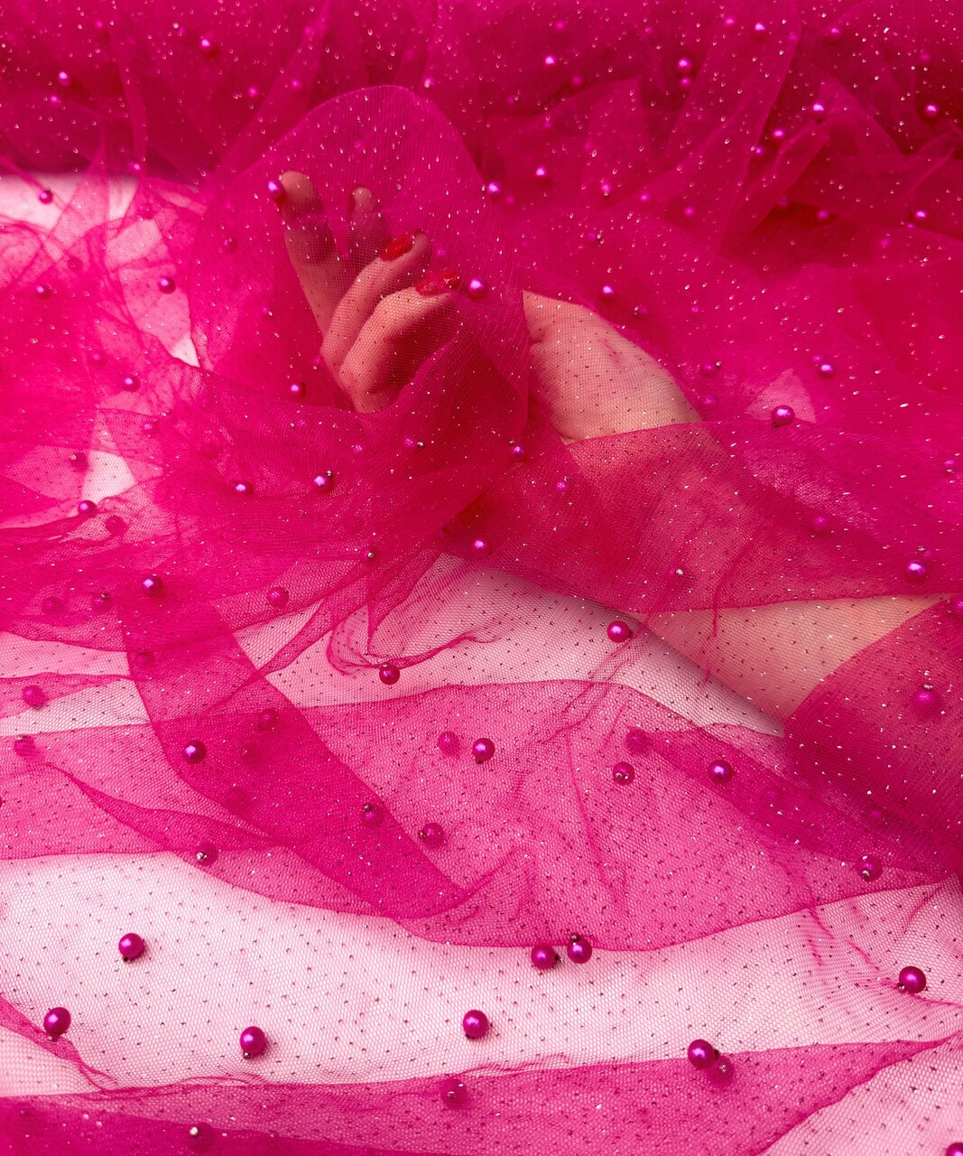 Fuchsia Pearl Tulle Fabric by the Yard, 60" Wide Soft Pearl Scattered Mesh